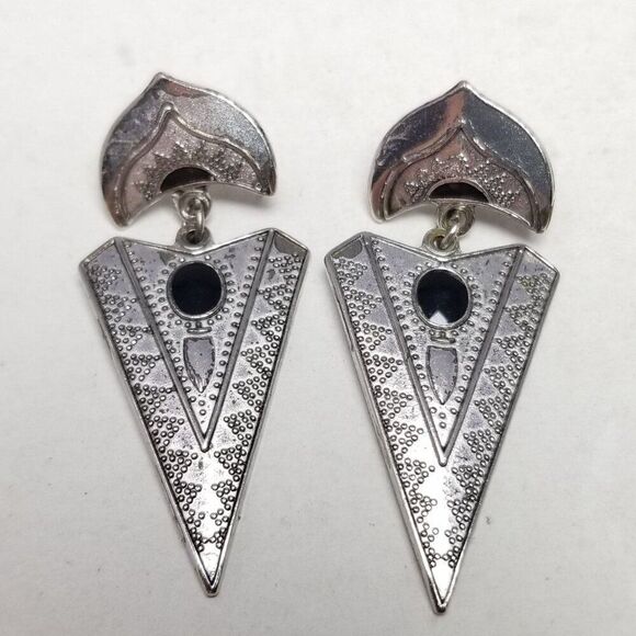 Vintage Silver Tone and Black Enamel Triangle Dangle Stud Earrings, Bold Design - Picture 2 of 6